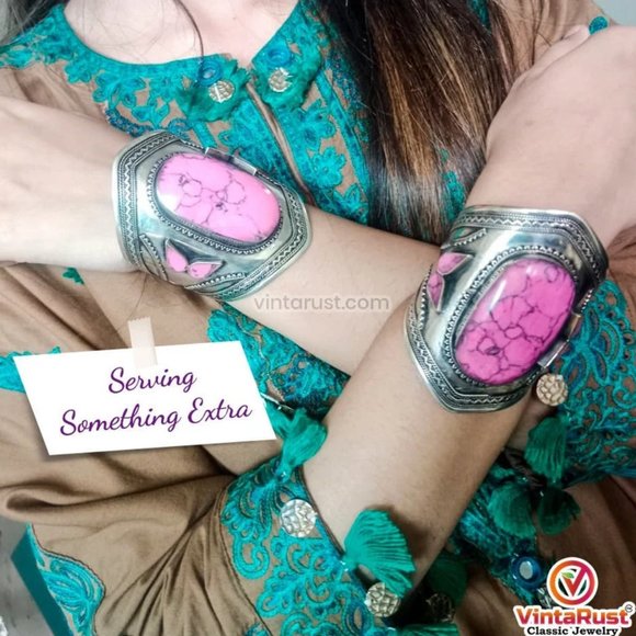 Single Vintage Afghan Cuff: Pink Stone Tribal Boho Bracelet - Picture 4 of 9